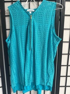 Calvin Klein Turquoise Eyelet Zip-Front Sleeveless Top